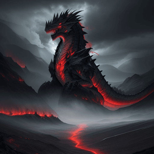 AI generated: epic landscape where a colossal dragon looms out of the stormy sky, with huge red flames comes up of...