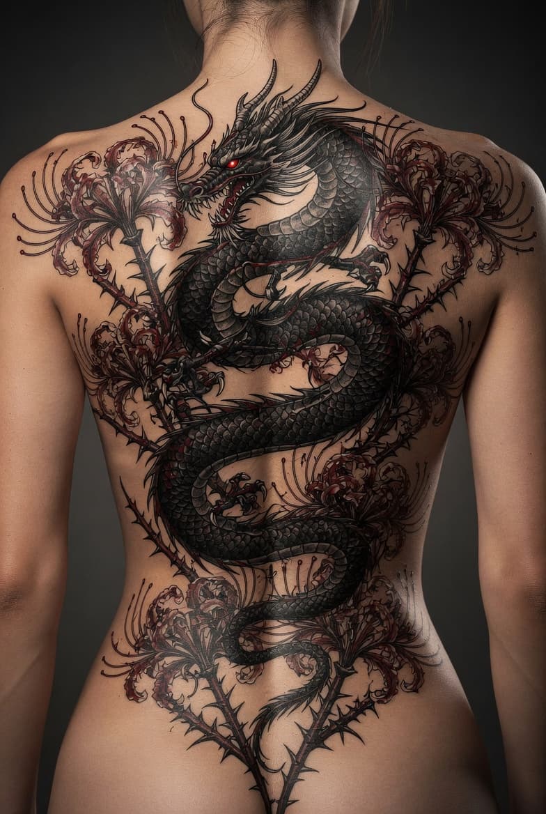 AI generated: "Highly detailed back tattoo design for a woman, elegant but not overly feminine or girly. The tatto...
