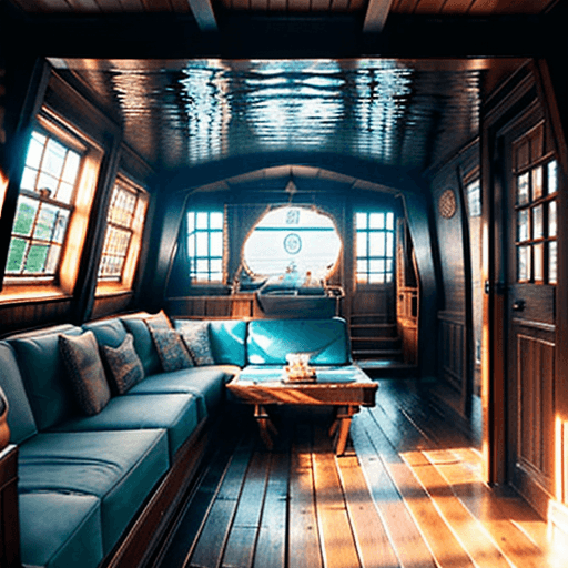 AI generated: houseboat in the water, dreamy sunken living room conversation pit, wooden floor, small windows open...