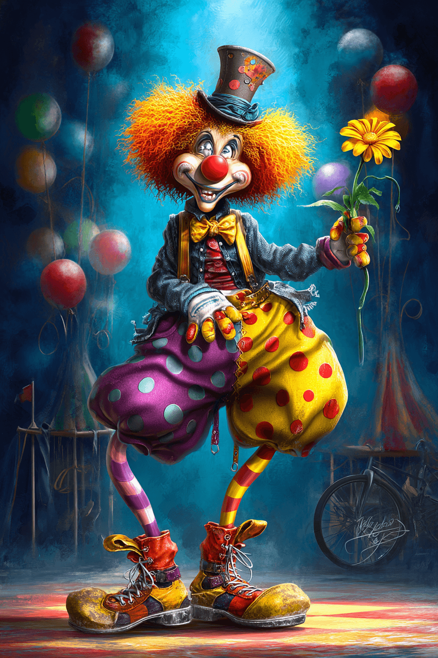 AI generated: funny caricature, zany clown character, 35 years old, colorful, mischievous, elastic, exaggerated ru...