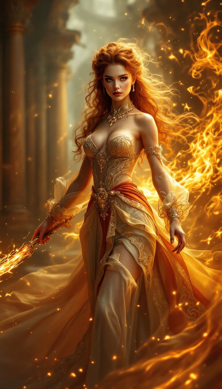 AI generated: Baroque Muse of the Golden Flame: An ultra-realistic, full-body action shot of a mesmerizing Baroque...