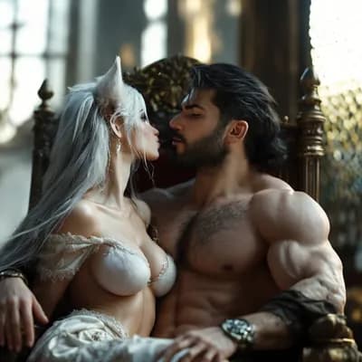 AI generated video: Sharing a kiss. Wolf ears move, twitch and swivel. 