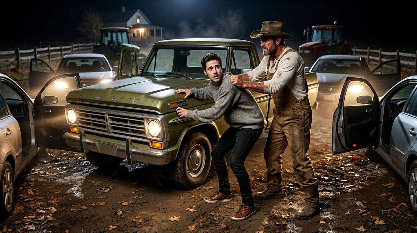 AI generated: In an Autumn night at a ranch. The large vintage olive green Ford pick up truck is parked between ni...
