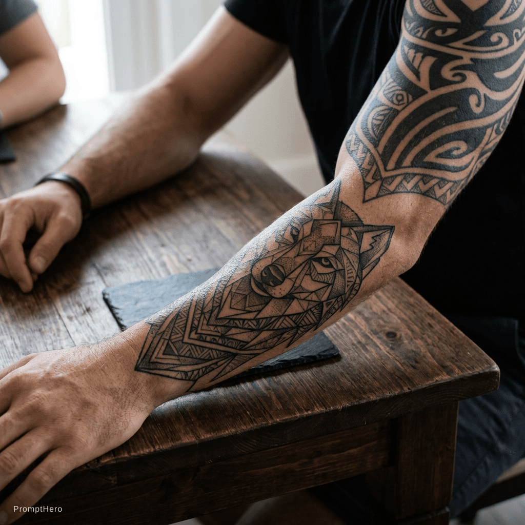 AI generated: geometric wolf sleeve connecting to my existing tribal tattoo