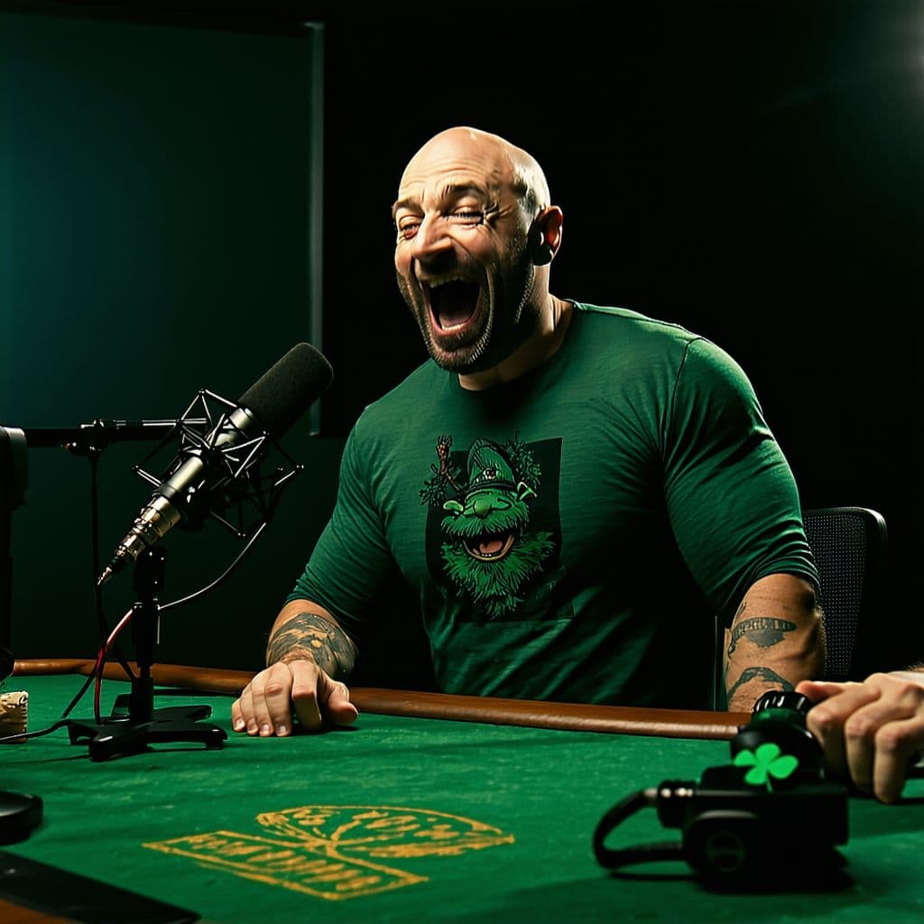 AI generated: Joe Rogan catches a leprechaun breaking onto his set during a podcast and chases after it in a panic...