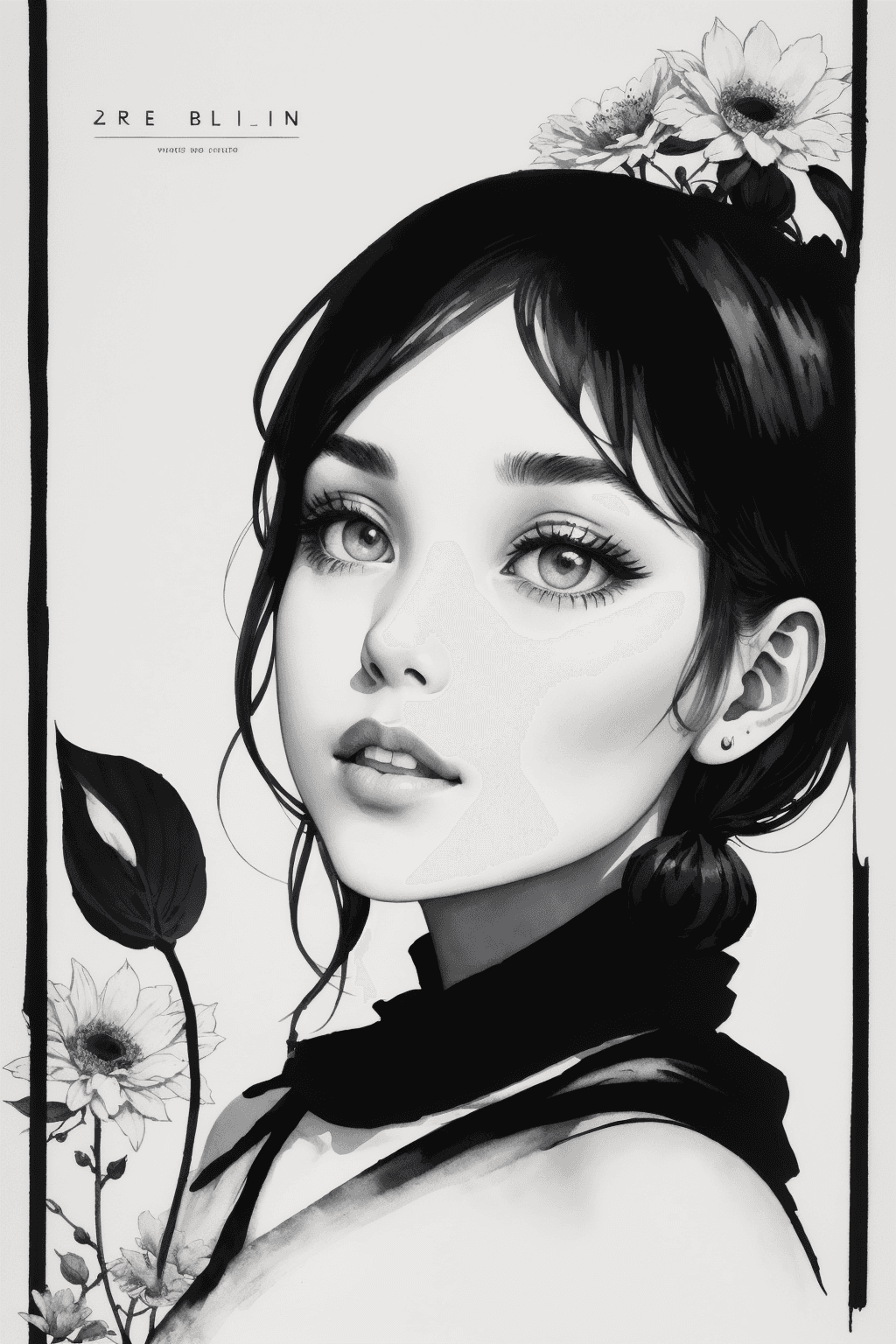 AI generated: masterpiece,best quality,ink wash painting, a girls face , simple botany, Flat illustration vector, ...