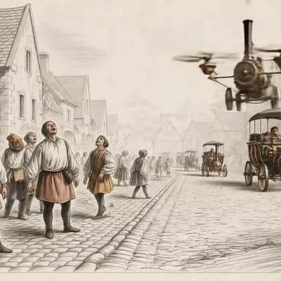 AI generated video: Medieval scene, detailed pencil and ink sketch of what life may be like in the future from a 16th ce...