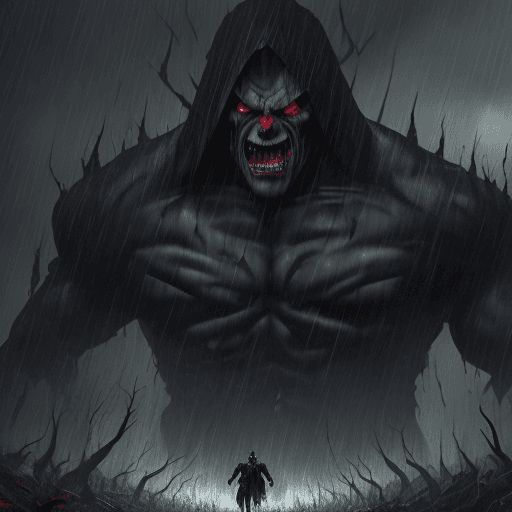 AI generated: Evil::2, ,Boss, in a rainstorm, thunders in background, scary, strong, 4k, insane, 