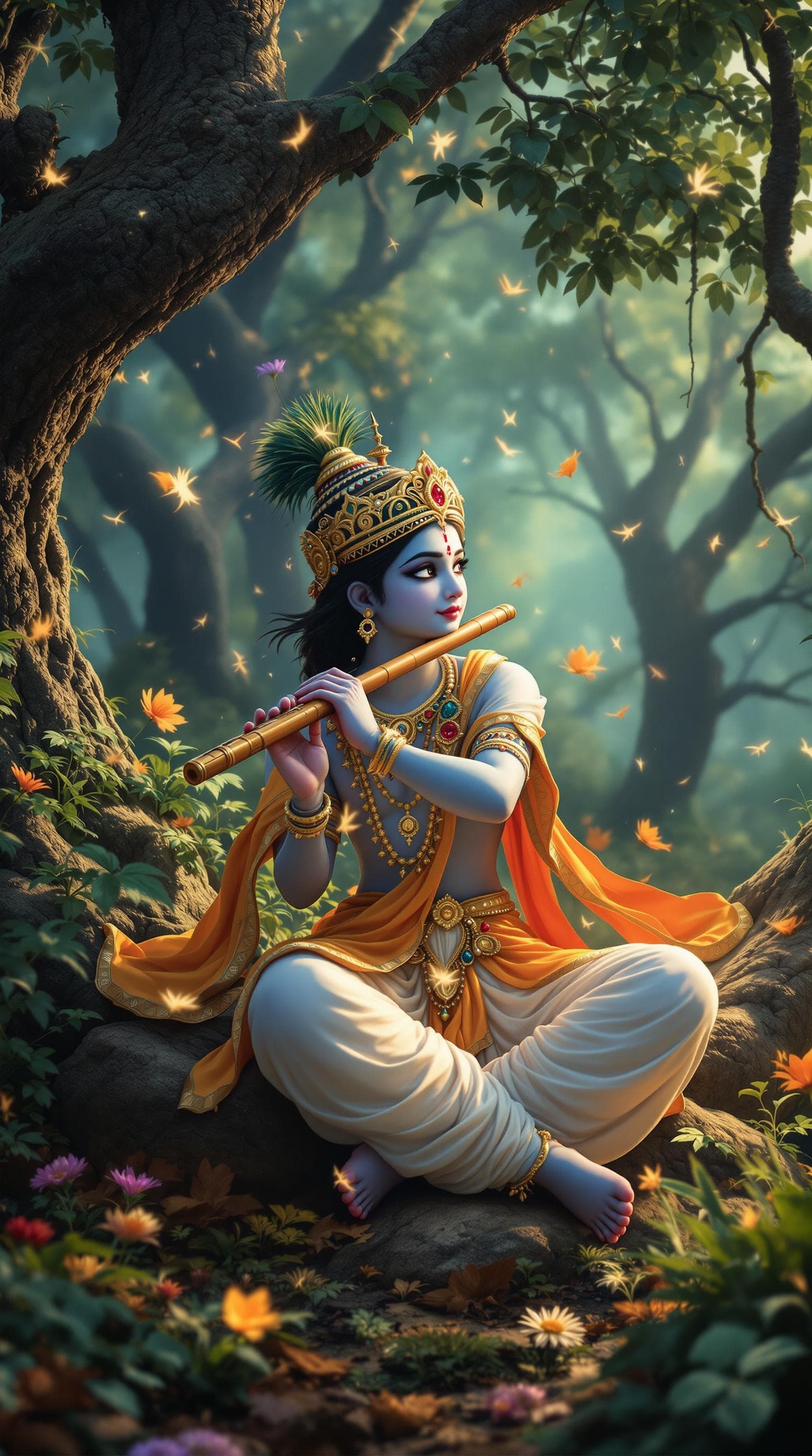 AI generated: Krishna's flute music enchanting the entire Vrindavan forest. in real life  cinematic 3d 