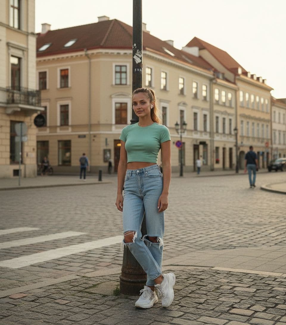 AI generated: 22-year-old 5 foot 7 Spanish girl, standing. stands in Vilnius Old Town waiting to cross at the cros...