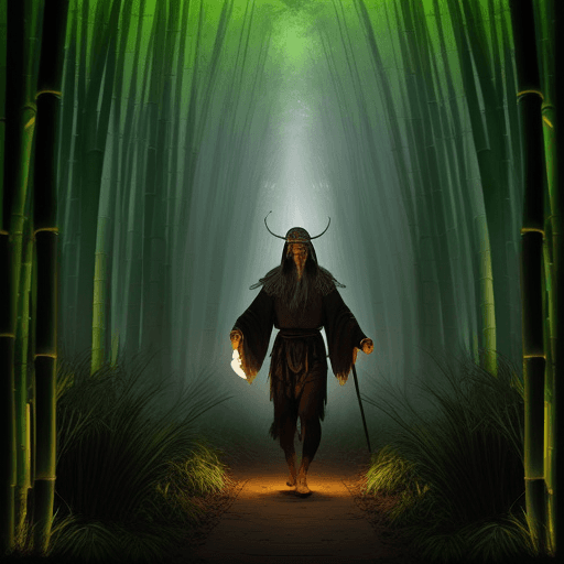 AI generated: an ancient shaman walking in a dark bamboo forest holding a torch