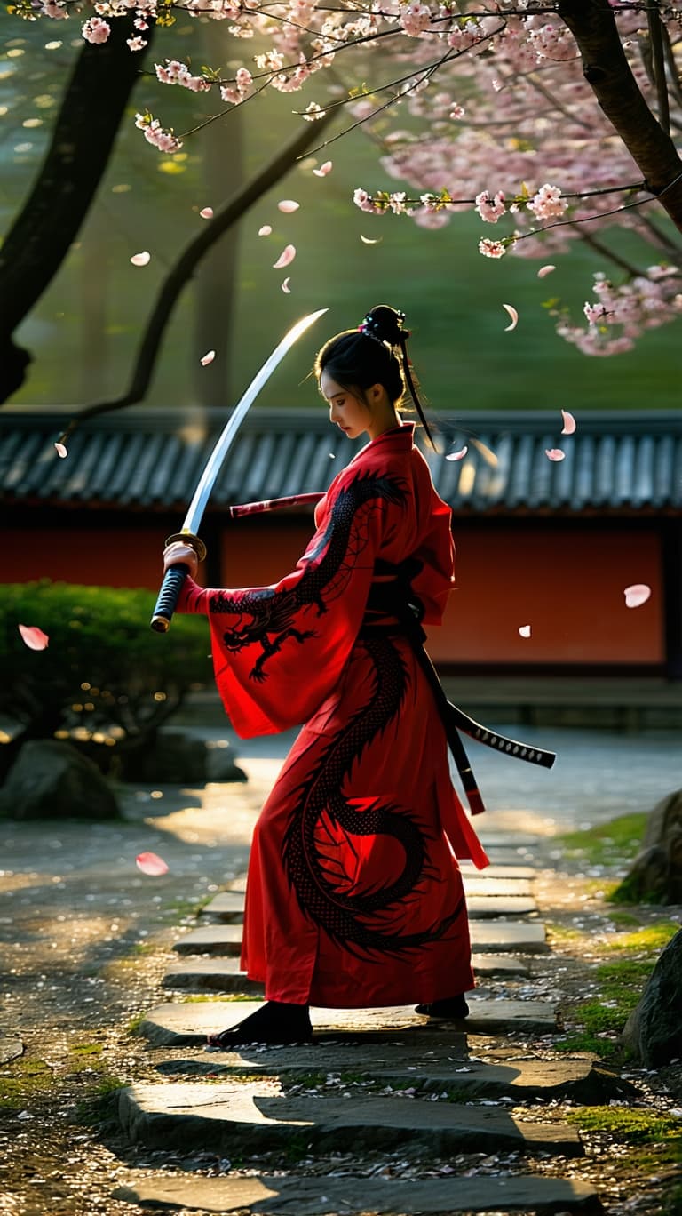 AI generated: A photograph of a Mystic Blade Priestess in a traditional Japanese garden at twilight, practicing pr...