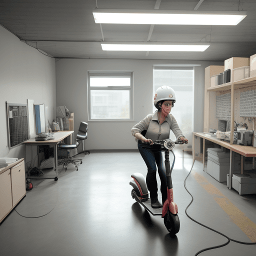 AI generated: a work room with a woman working and a scooter battery charging