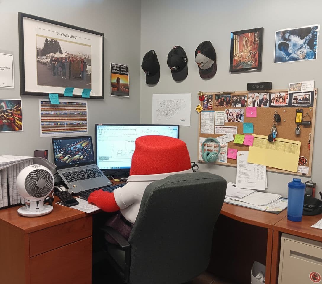 AI generated: Create a new image with the red character in an office setting, use the office picture as reference ...
