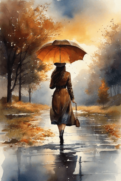 AI generated: Autumm is here. Windy, light rainy, a woman with an umbrella is wandering through the landscape, atm...