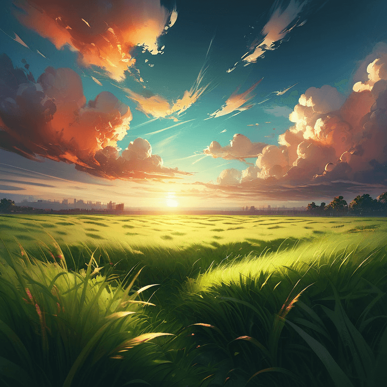 AI generated: A beautiful grass field, sunset, fluffy clouds, Lighting and shading by Ross Tran