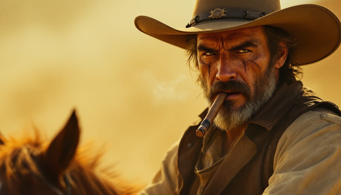AI generated: george bull, same style, same color, desert , cinematic, dust, grain, burning cigar, leather gilet, ...