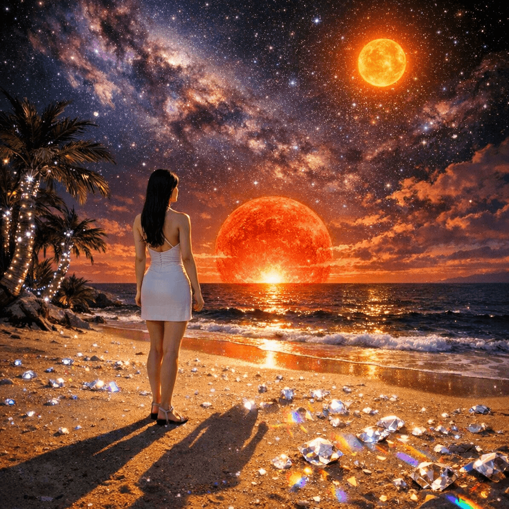 AI generated: A beautiful raven haired Korean woman wearing a form-fitting summer halter dress and sandals stands ...