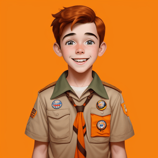 AI generated: a young boy scout,  disney style, cartoony, happy,  with a orange gradient background, 