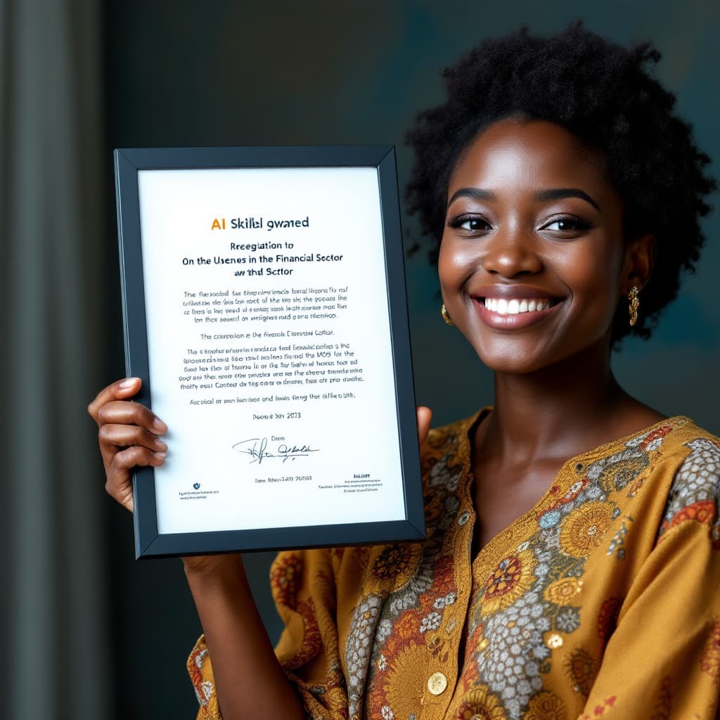 AI generated: A young african lady smiling while holding her recognition award for her use of AI skills in the fin...
