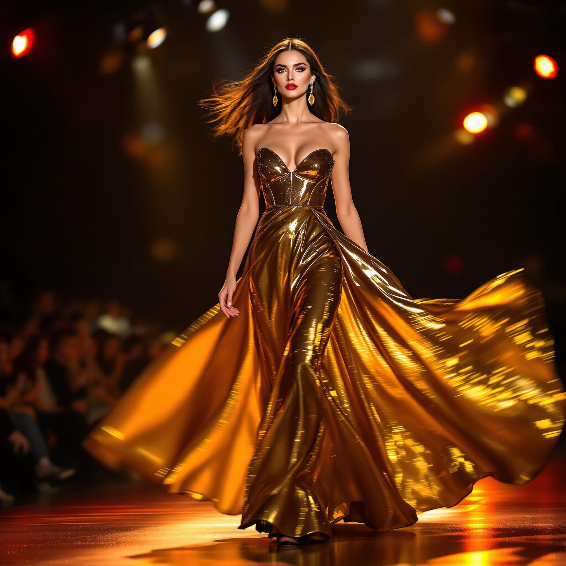 AI generated: A dynamic runway shot of a 21-year-old supermodel strutting down the catwalk, bold lights reflecting...