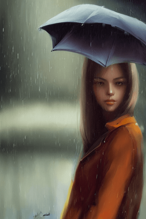 AI generated: A ultradetailed beautiful portrait panting of a stylish girl with an umbrella, rainy day, Oil painti...