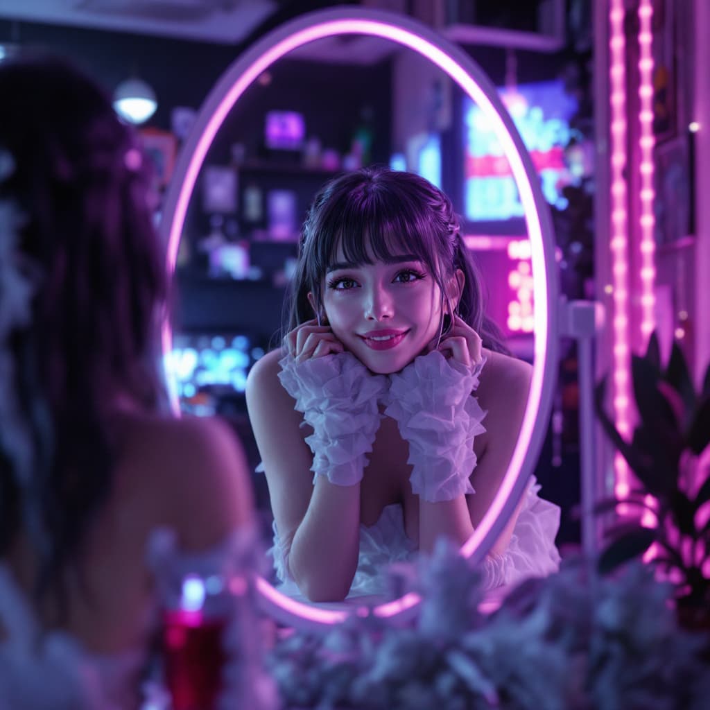 AI generated: anime cyber punk lady looking in a mirror looking happy and smiling in a cyberpunk living room

