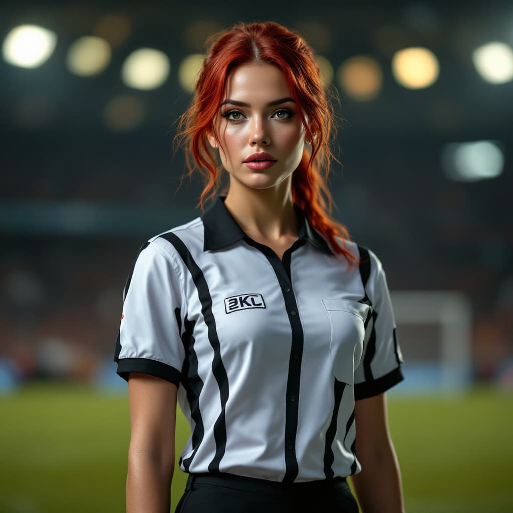 AI generated: (((gorgeous female) )), dressed as football referee, attractive, ((flirting) ), red hear, stylish sh...