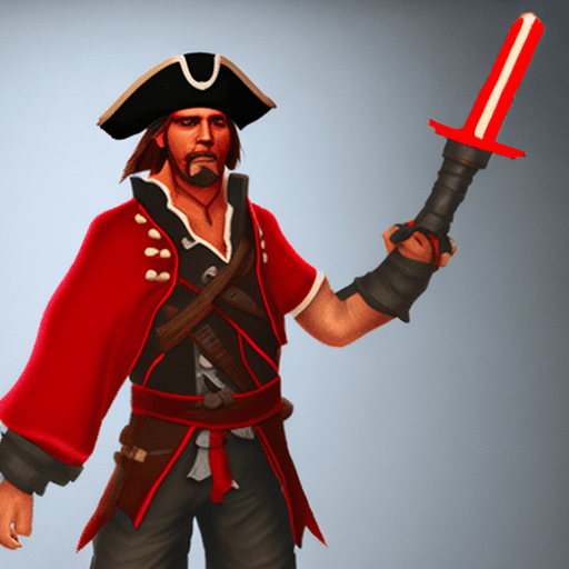 AI generated: a character for the game, a pirate, in a red bandage, without one leg, a sword in his hand, a three-...