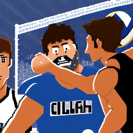 AI generated: 8 bit style, 8 bit poster, a dirty coal miner versus volleyball player, face to face, volleyball man...