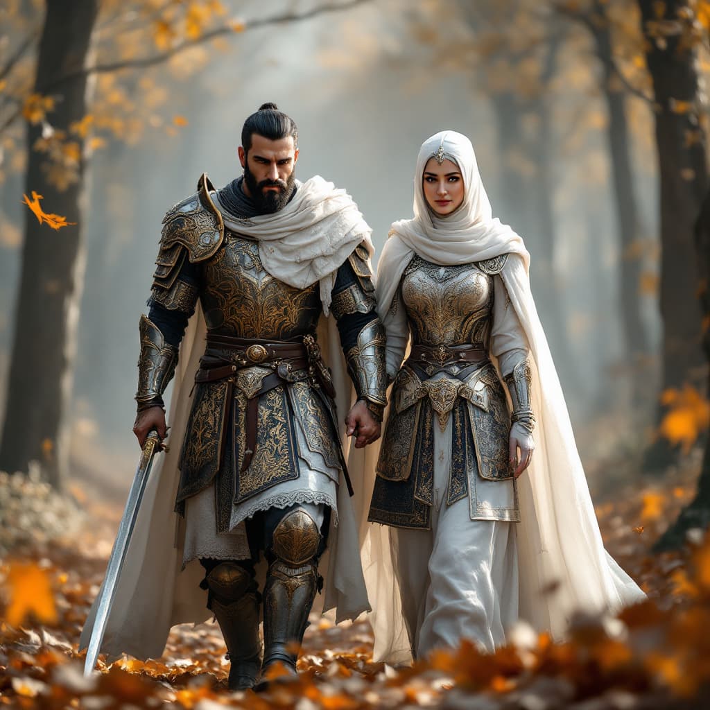 AI generated: A very realistic image of an Iranian warrior couple with Iranian armor of the Achaemenids who walk t...