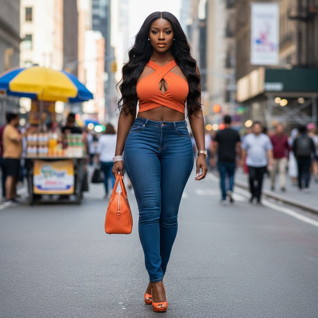 AI generated: Full-body shot, hyper-realistic, A beautiful, very buxom African American fashion model with a slim ...