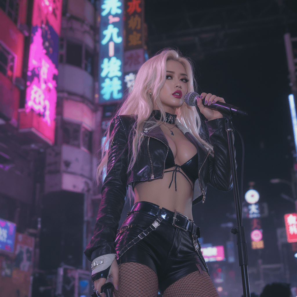AI generated: mixed race, blonde half-american half-korean kpop female singer from a cyberpunk setting on stage