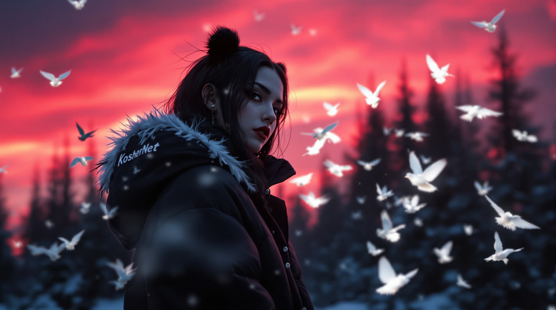 AI generated: far mid body photo of a hot sensuous stylish goth model in snowy winter puffy panda jacket fashion m...
