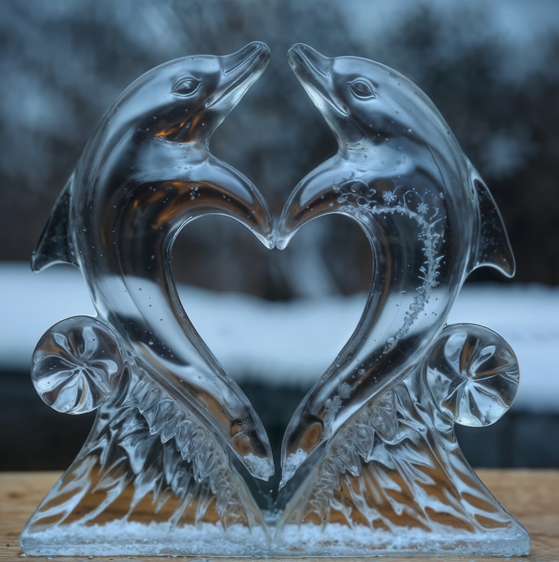 AI generated: A stunning glass sculpture of two dolphins creating a heart on a winter background, highly and delic...