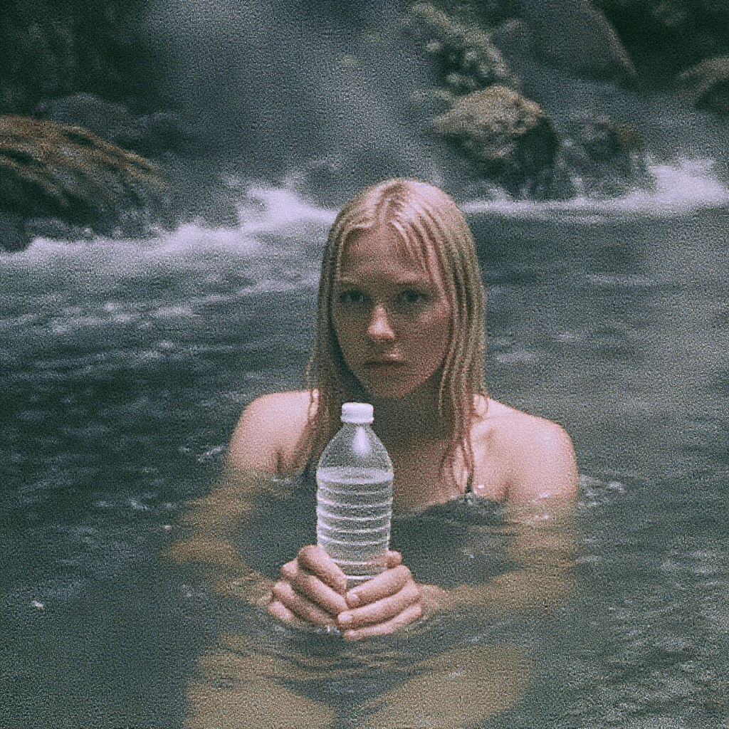 AI generated: hot spring in a river flow, steam rises from the water, a woman with long wet blonde hair swims in t...
