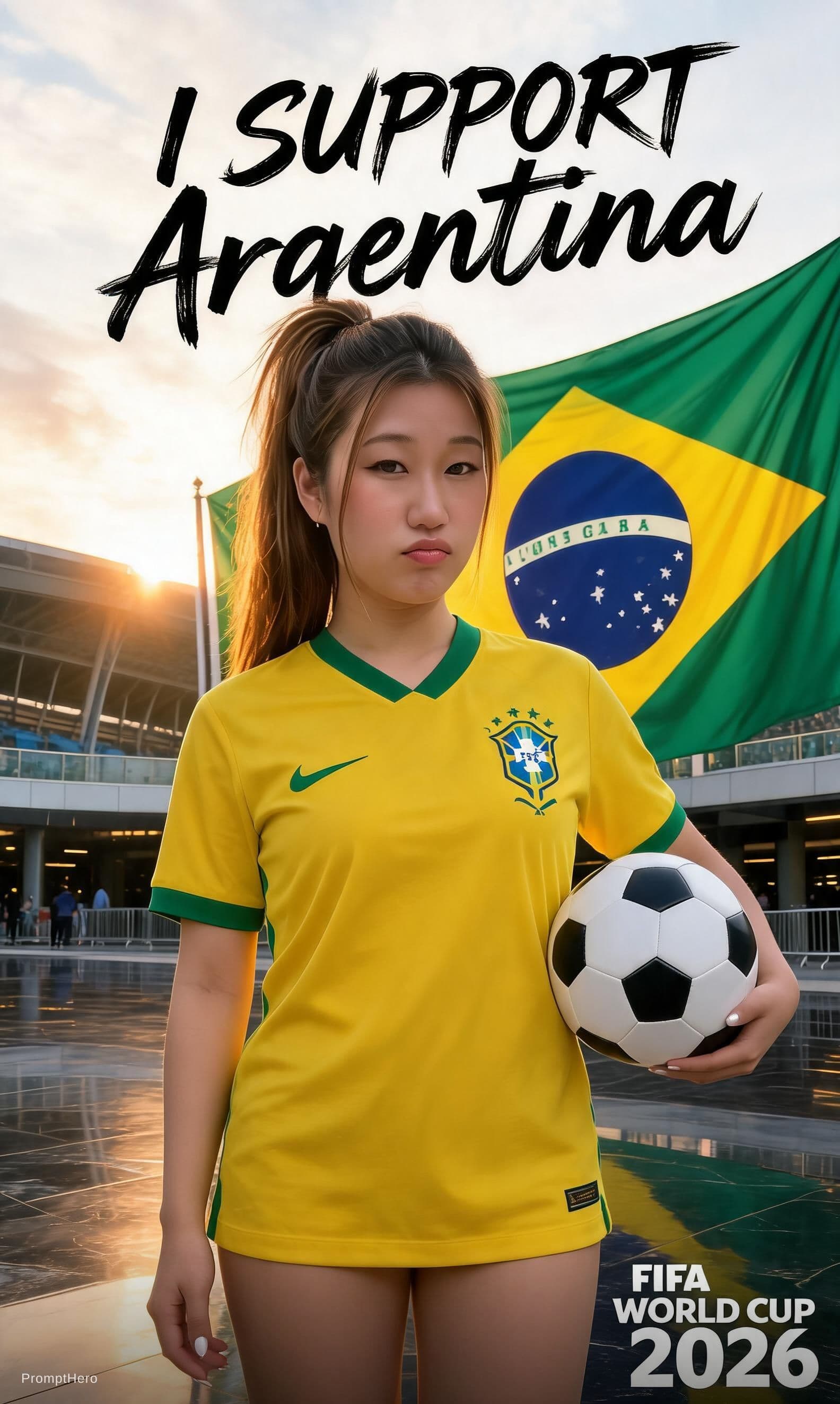 AI generated: 
Create a cinematic FIFA World Cup 2026 supporter poster featuring a young female football fan stand...