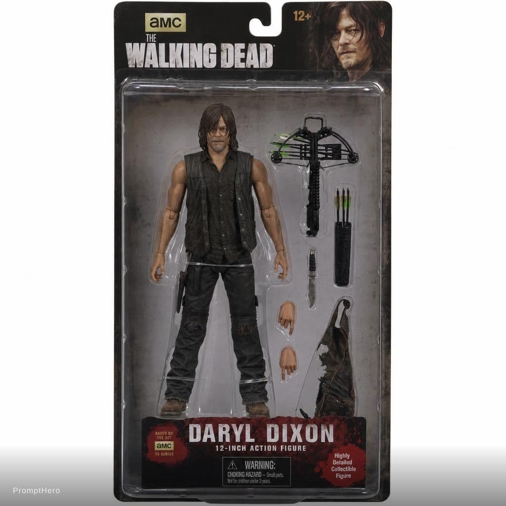 AI generated: a hanging card, Available in individual packaging, Toys for adults,a action figure of daryl dixon fr...