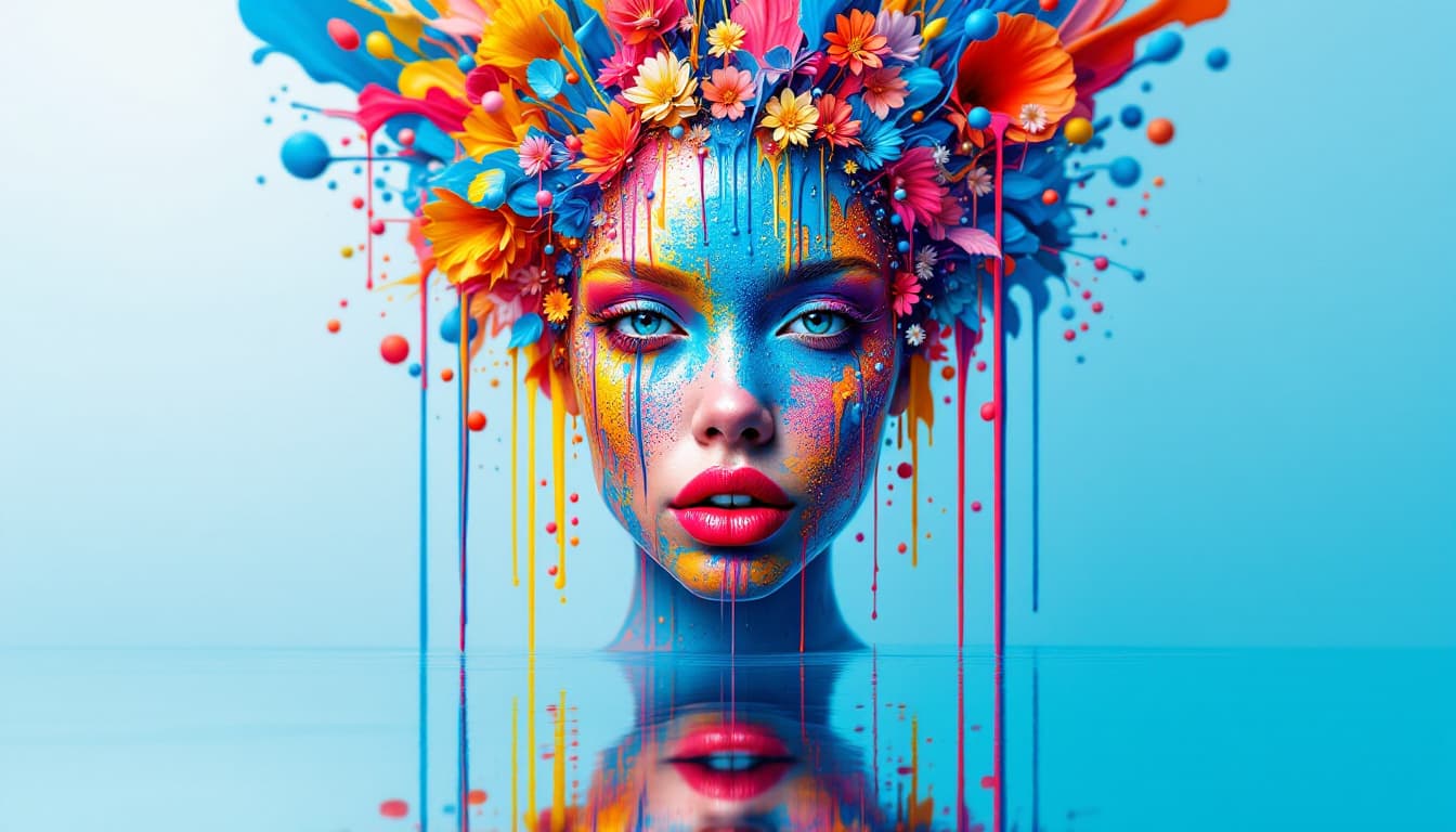 AI generated: A vibrant and surreal portrait, likely digital art, features a woman's face adorned with a complex a...
