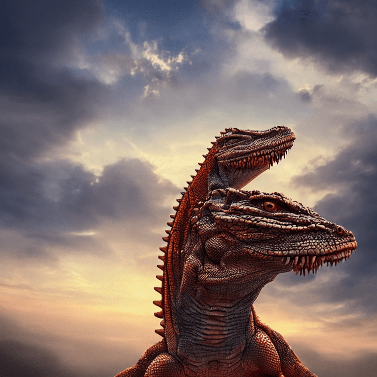 AI generated: Big crazy lizard, frontal portrait, hyper realist, cinematic light, panoramic sky