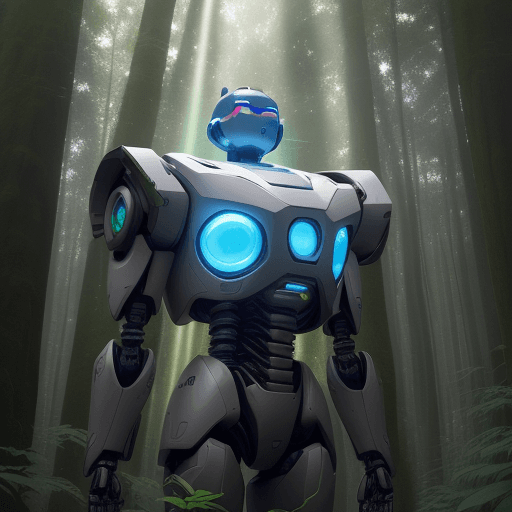AI generated: a robot in a tall forest. The robot is high tech with beige exoskeleton and blue olwing lights insid...