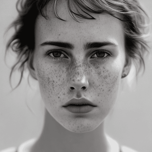 AI generated: detailed and realistic portrait of a woman with a few freckles, round eyes and short messy hair shot...