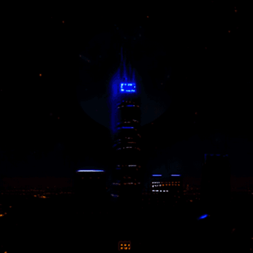 AI generated: city in space, each building glows a different color, the city is guarded by a blue-black dragon