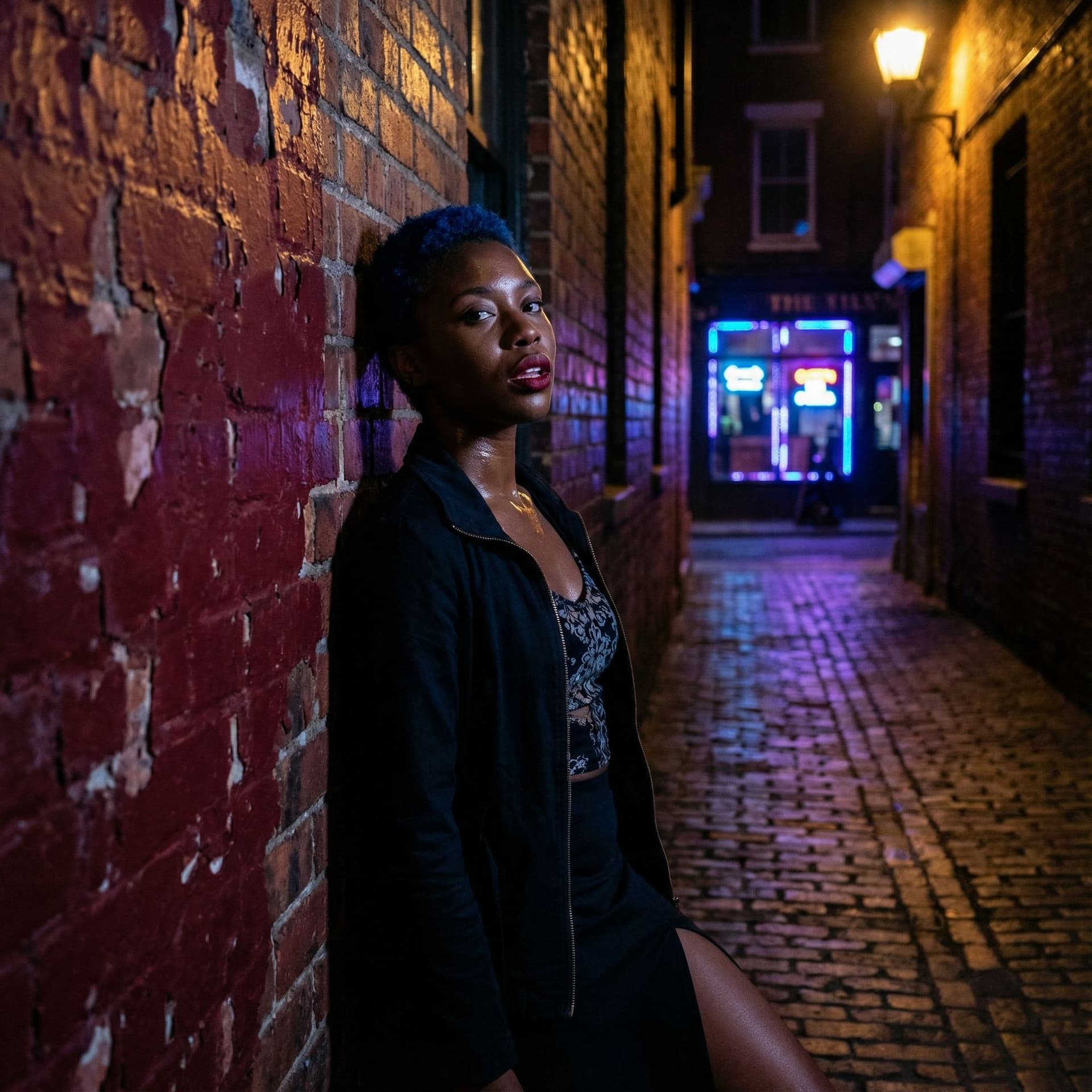 AI generated: A lone woman in a dimly lit alleyway, her dark skin gleaming under flickering neon. Her cropped, vib...