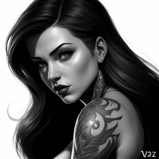 AI generated: female, fantasy, beauty, in the style of noir comic art, realistic hyper-detailed portraits, tattoo,...