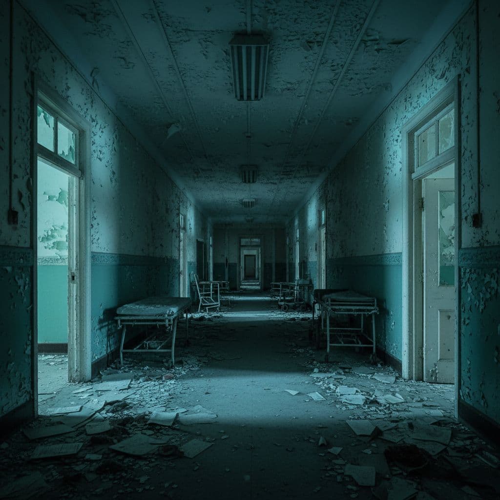 AI generated: Abandoned asylum with flickering hallway lights