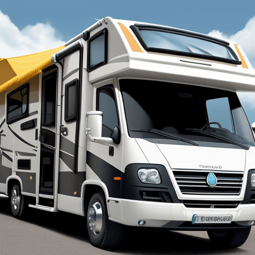 AI generated: Illustrate a medern Benimar Tesoro 463 motorhome with distinct cartoon features. The front of the mo...