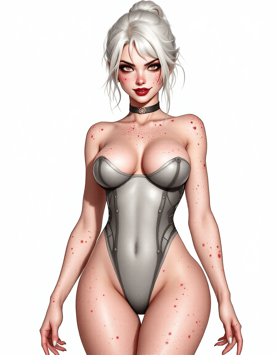 AI generated: full body, white hair female, freckles all over her body, hazel eyes, small  bust, evil smile, blush...