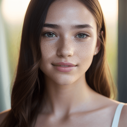 AI generated: portrait of a young girl, very few light freckles looking at viewer,18 years old, 105 mm, f/1. 4, su...