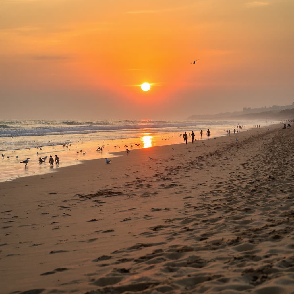 AI generated: Large sandy beach, lots of seagulls, lots of swimmers (some playing football), sunset